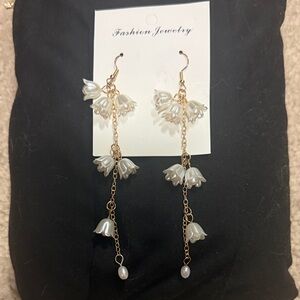 Gold and White Floral Drop Earrings